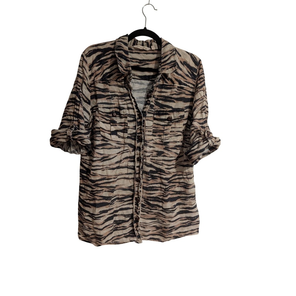 Soft Surroundings Button Down Shirt Womens XL Tan Black Tiger Animal Print Tab
